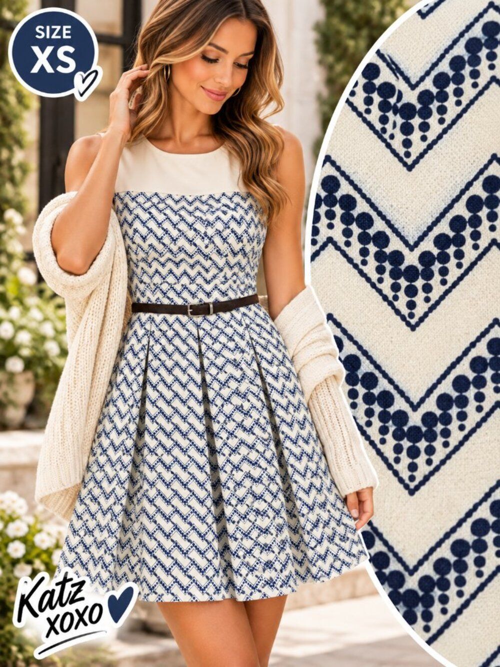 Altar'd State XS Chevron Fit Flare Dress Navy Ivory Belted Pleated Sleeveless
